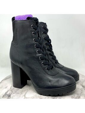 Steve Madden Latch Black Leather Lace-Up Lug Sole Boots 9 Chunky Grunge Classic